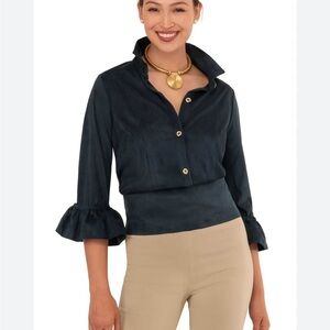 GRETCHEN SCOTT Priss Chiffon Blouse Preppy Ruffles Navy Blue Top Sz XS